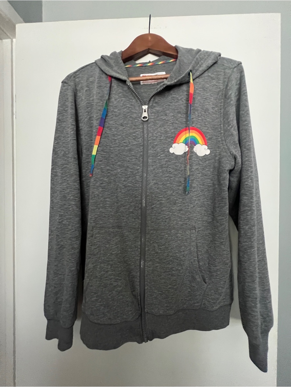 Pride Gray Zip-Up Hoodie with Rainbow Accent- Medium